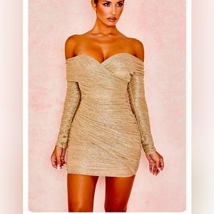 HOUSE OF CB 'Felicity' Gold Ruched Mesh Off Shoulder Dress /Size S-US 4-6